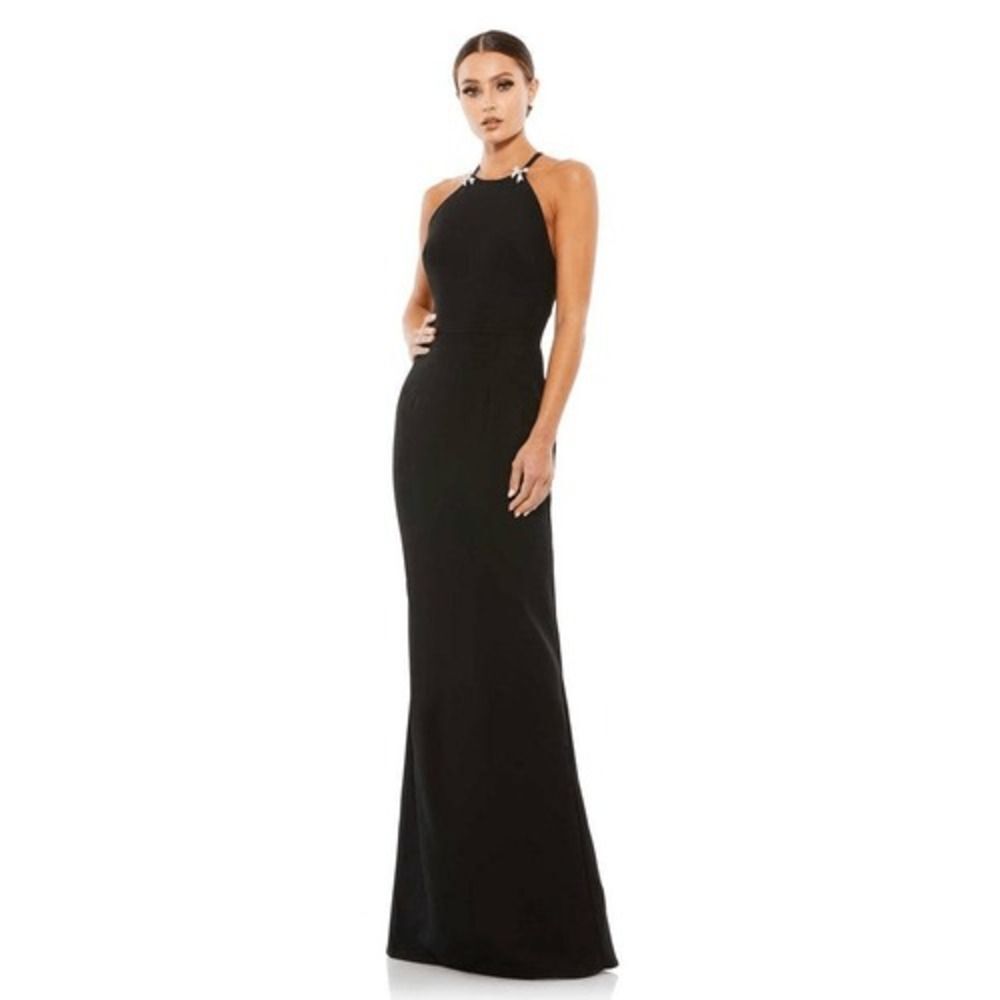 Mac Duggal Bow Halter Criss Cross Column Gown